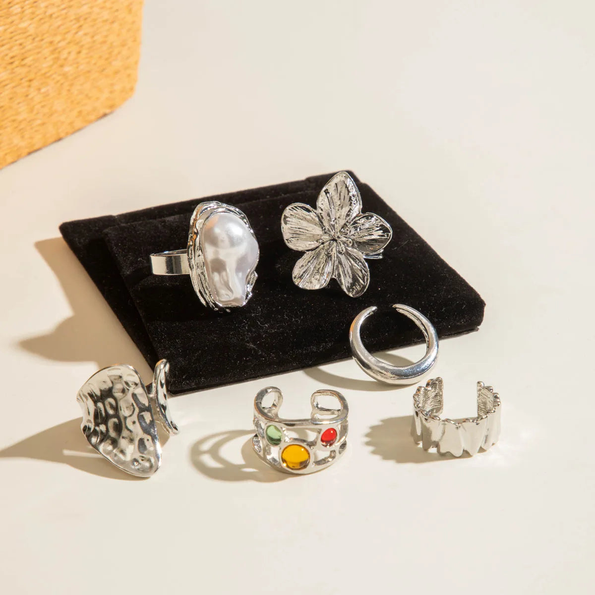 EPSINIA™ “Lava Bloom” Set — 6-Piece Baroque Pearl & Liquid Metal Ring Collection · Unique Open Design Jewelry for Women