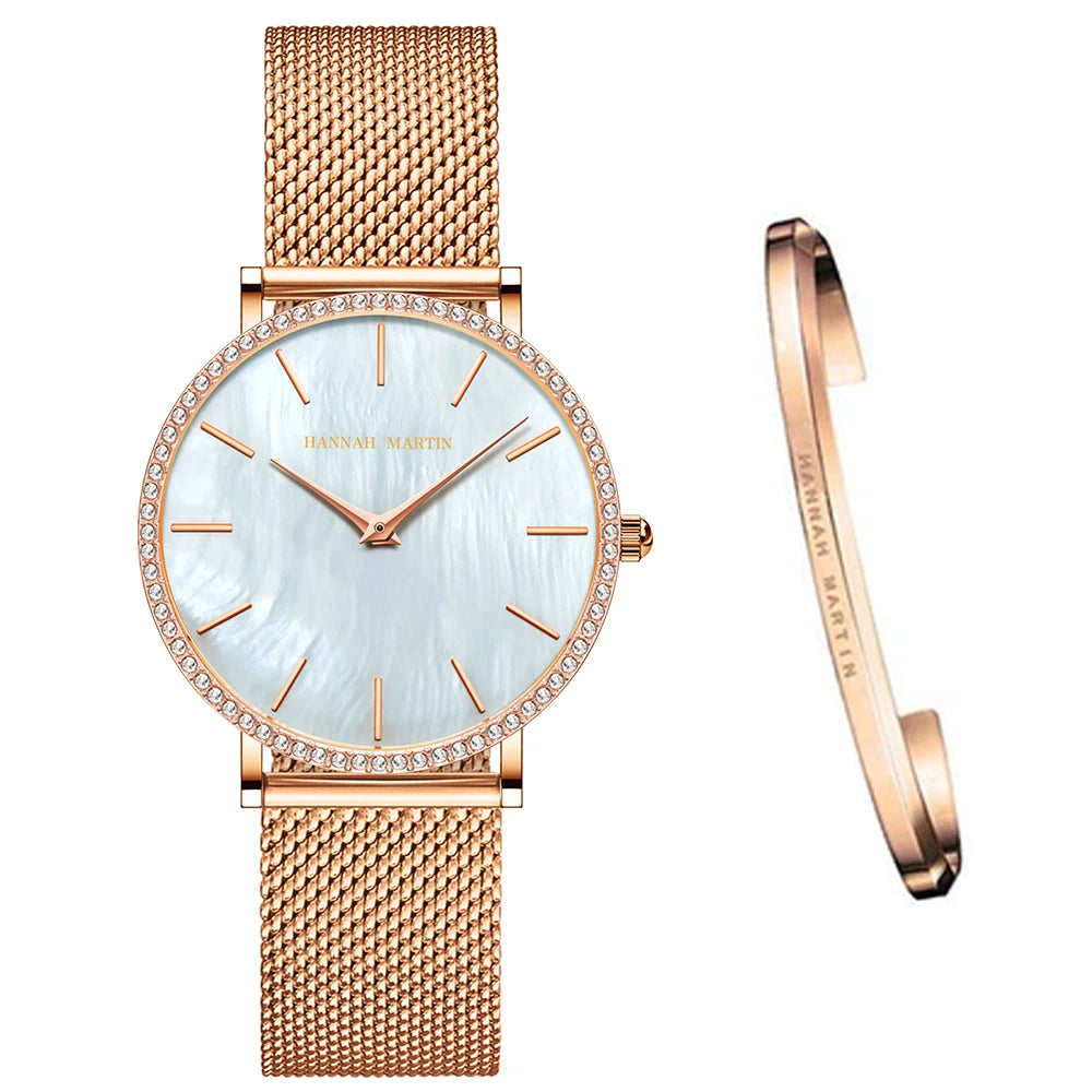 Luxury Women Watch Japanese Quartz Movement Shell Dial Rhinestone Stainless Steel Fashion Gift Box Waterproof Ladies Wristwatch