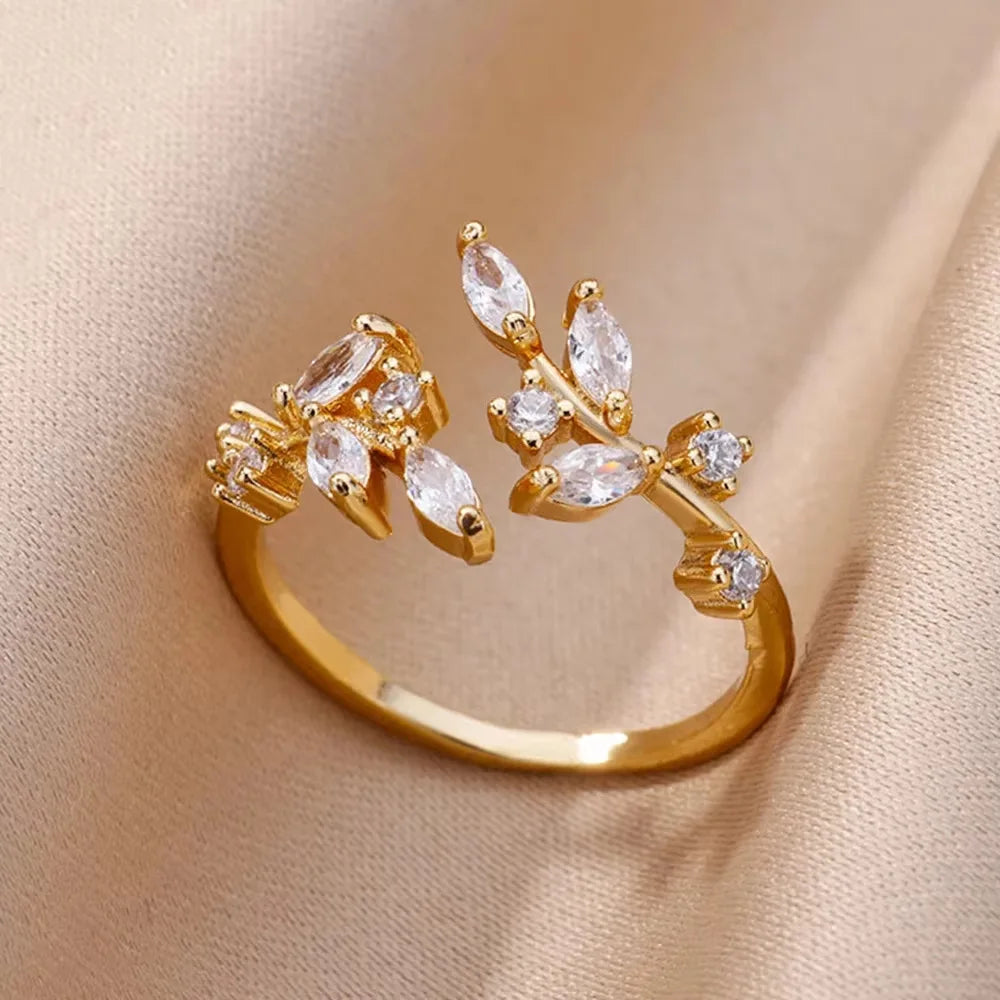 EPSINIA™ “Olive Grace” Ring — 925 Sterling Silver Adjustable Olive Branch Ring with Zircon · Korean Romantic Open Design