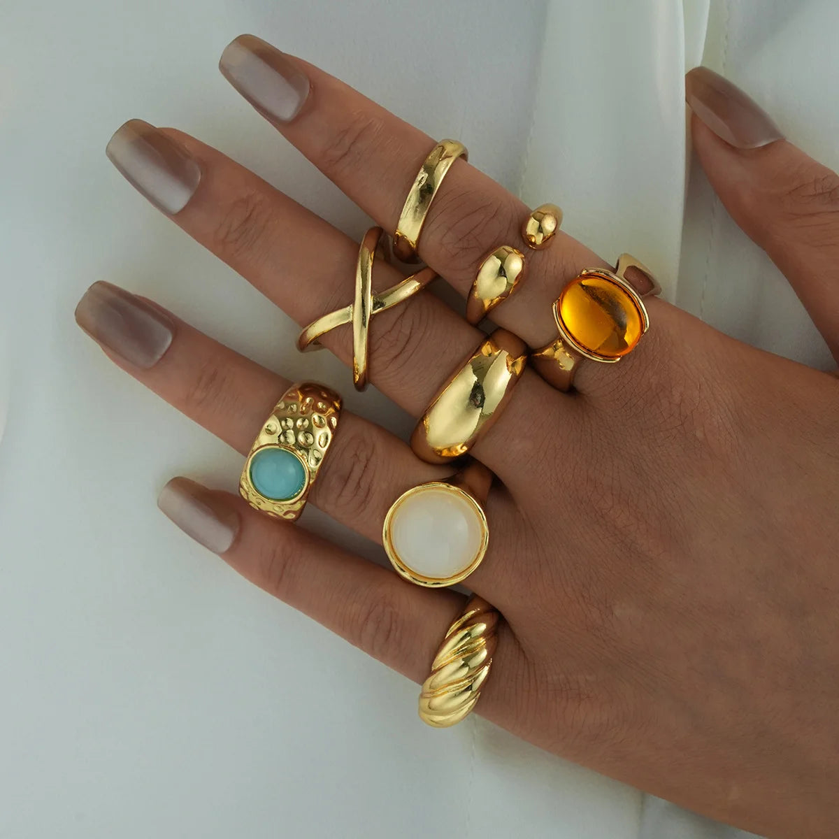 EPSINIA™ “Aurora” Set — 7-Piece Retro Irregular Gemstone Rings · Geometric Gold Opening Rings (2025 Edition),