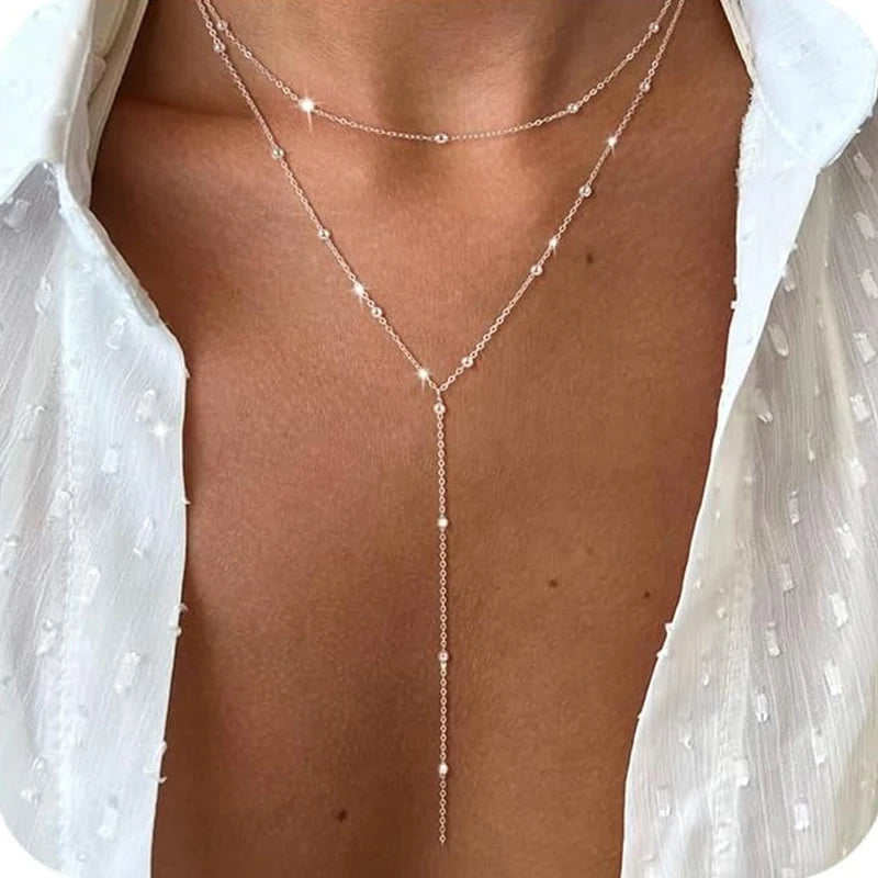 EPSINIA “Celestia” Necklace — 14K Gold-Plated Y-Shaped Layered Chain with CZ Beads