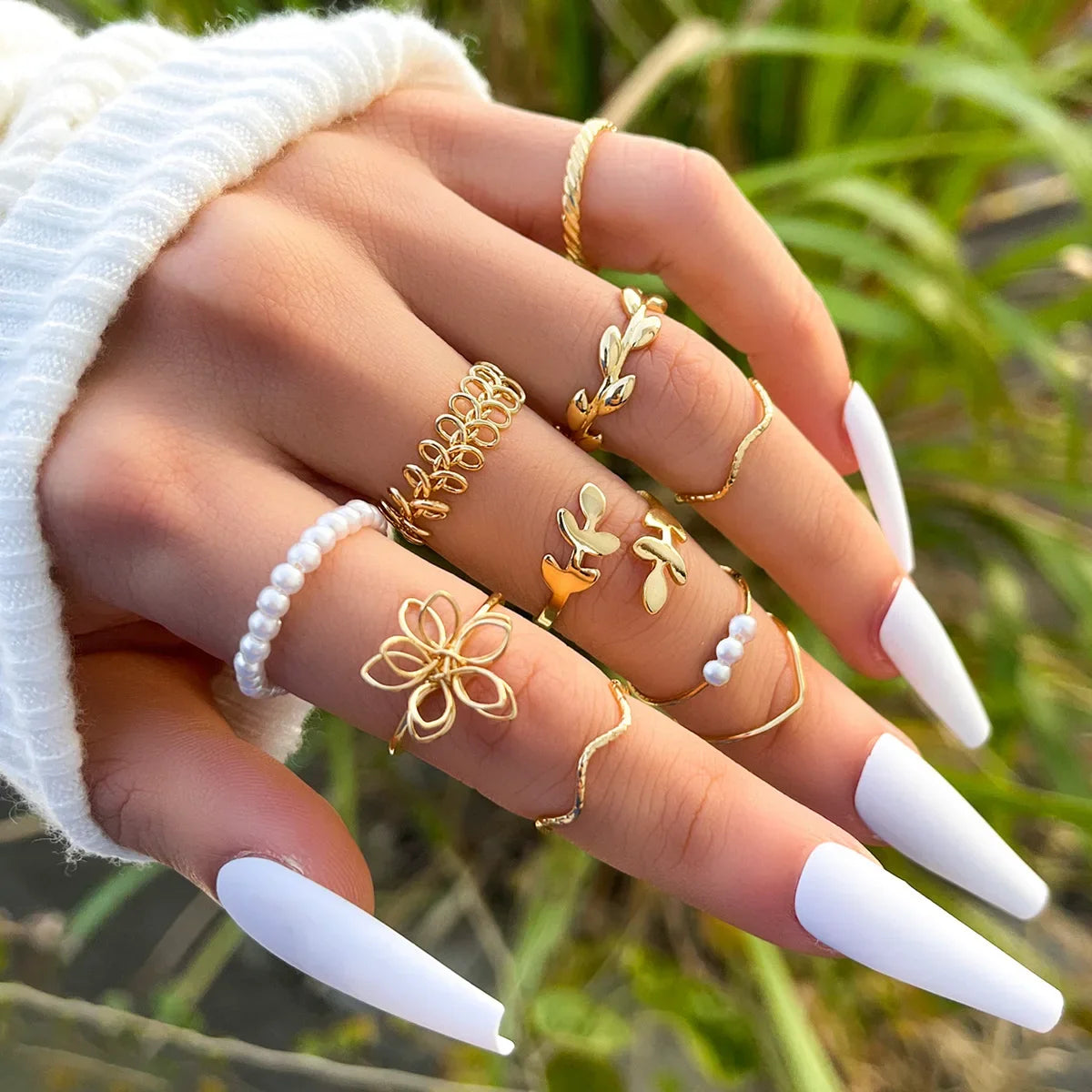 EPSINIA™ “Lava Bloom” Set — 6-Piece Baroque Pearl & Liquid Metal Ring Collection · Unique Open Design Jewelry for Women