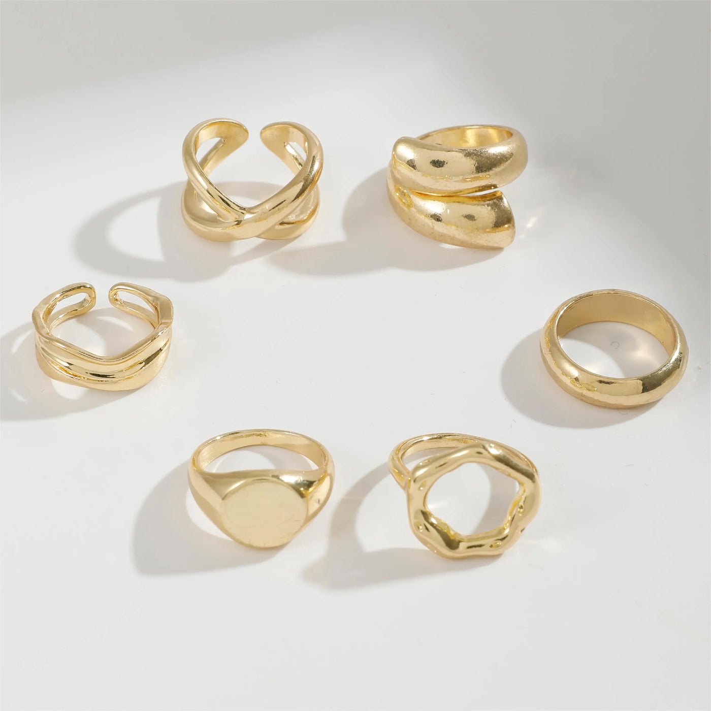 EPSINIA™ “Waveform” Set — 6-Piece Gold Irregular Ring Collection · Smooth Intersect & Classic Wave Finger Rings for Women
