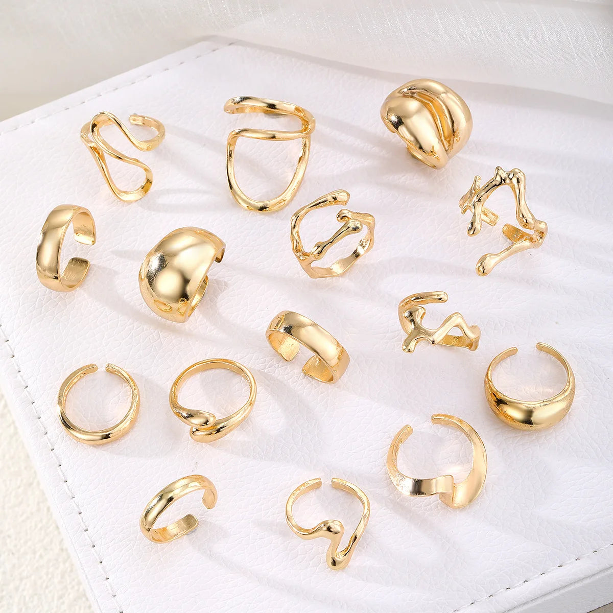 EPSINIA™ “Aqua Lines” Set — 15-Piece Irregular Metal Rings · Smooth Water Droplet Design · Unisex Retro Boho Jewelry Collection