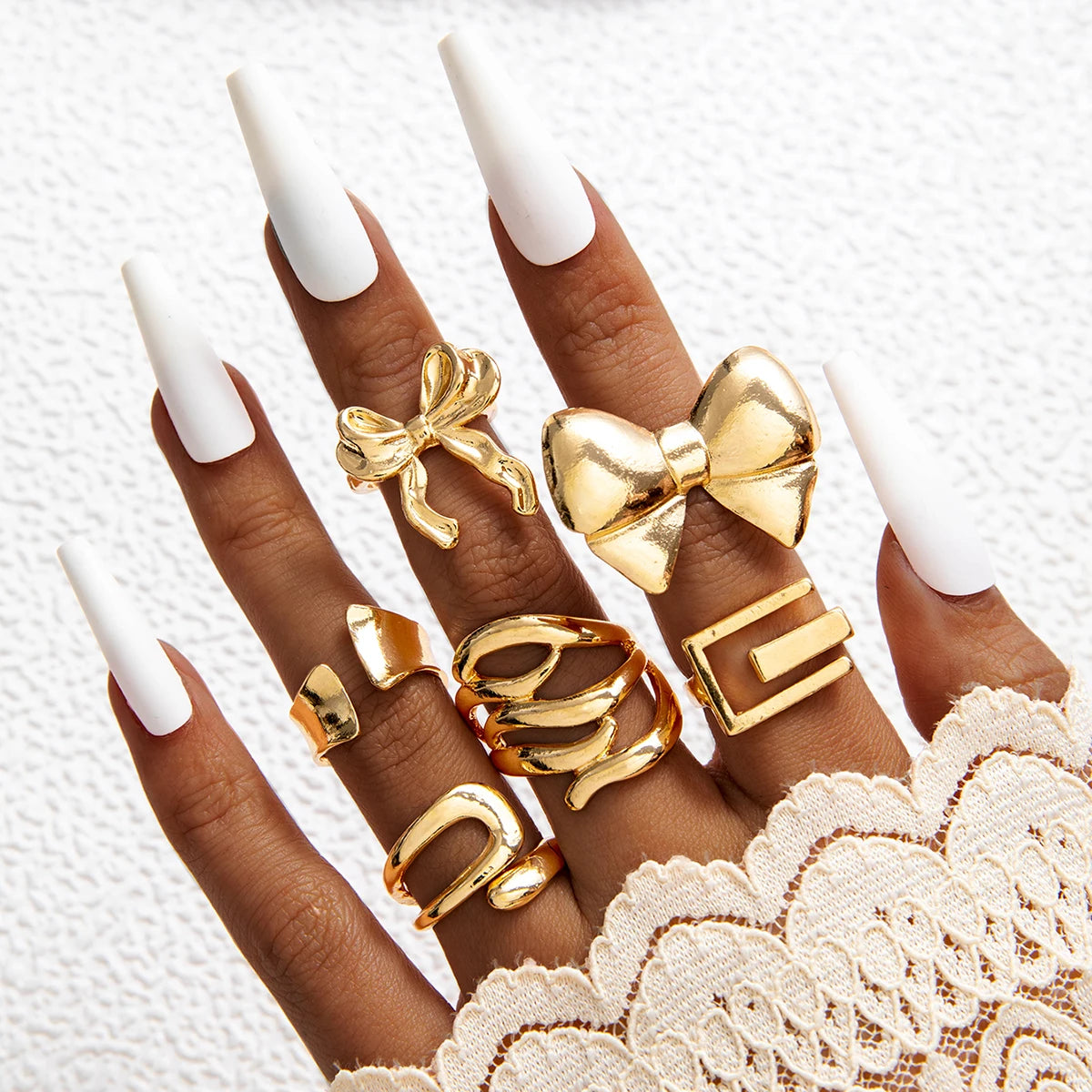EPSINIA™ “Waveform” Set — 6-Piece Gold Irregular Ring Collection · Smooth Intersect & Classic Wave Finger Rings for Women