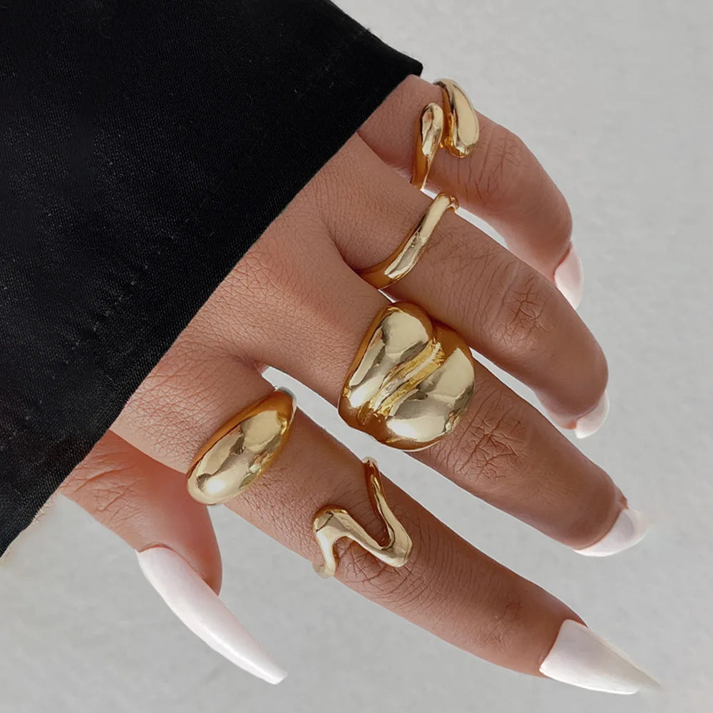 EPSINIA™ “Aqua Lines” Set — 15-Piece Irregular Metal Rings · Smooth Water Droplet Design · Unisex Retro Boho Jewelry Collection