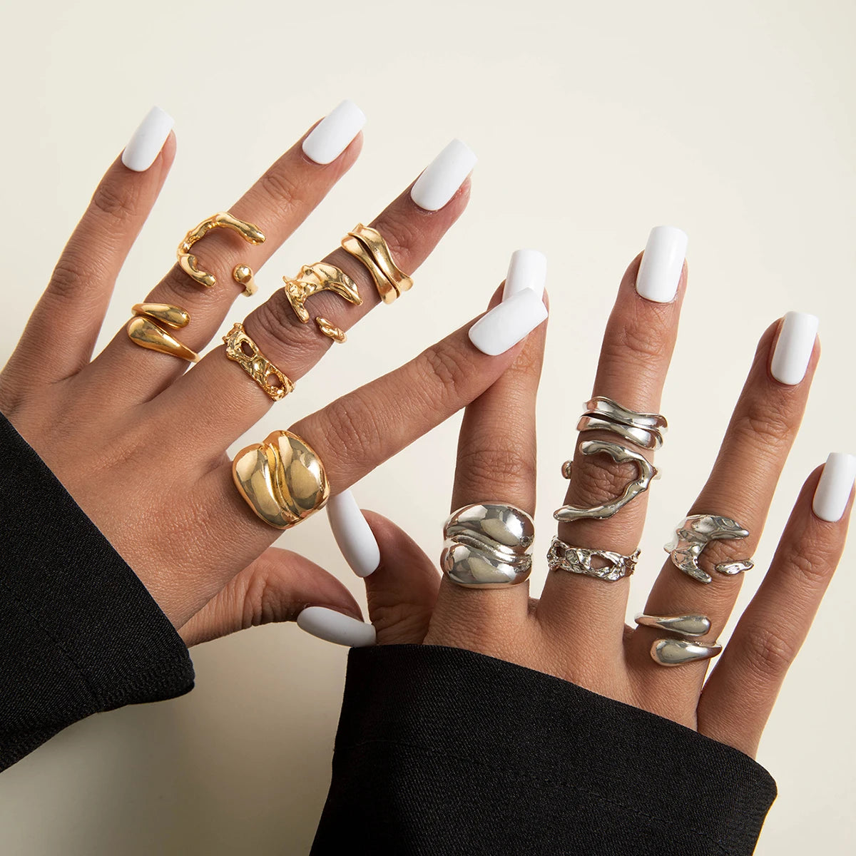 EPSINIA™ “Waveform” Set — 6-Piece Gold Irregular Ring Collection · Smooth Intersect & Classic Wave Finger Rings for Women