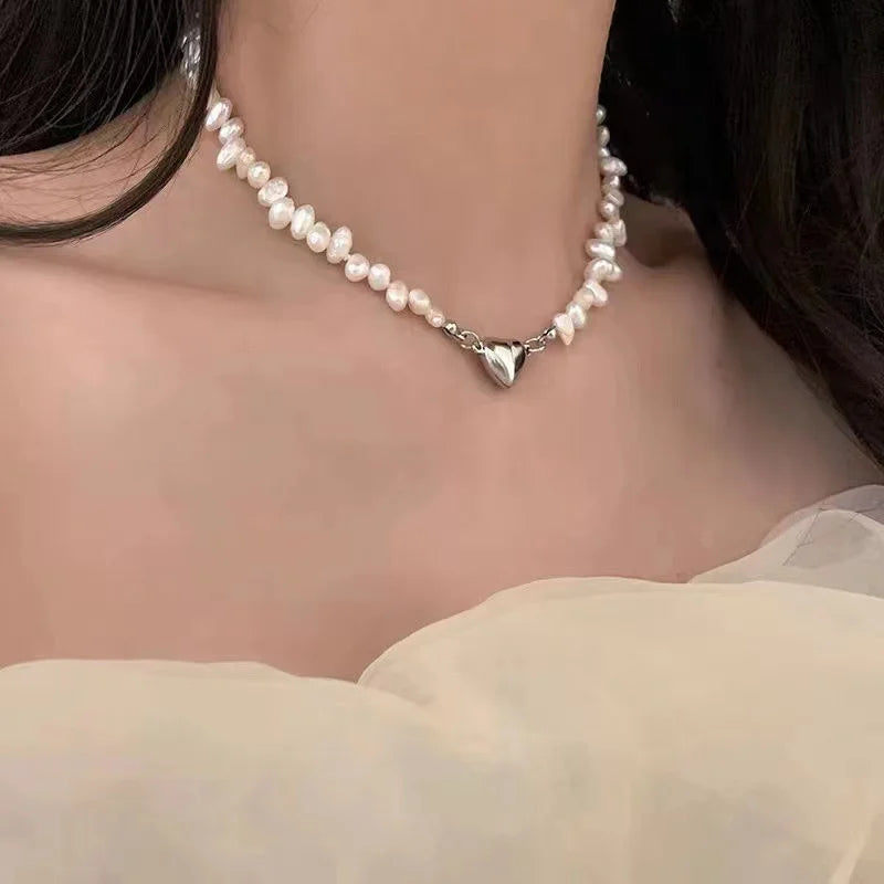 EPSINIA “Luna” Pearl Chain Necklace — Minimal Heart Pendant, Modern Korean Jewelry