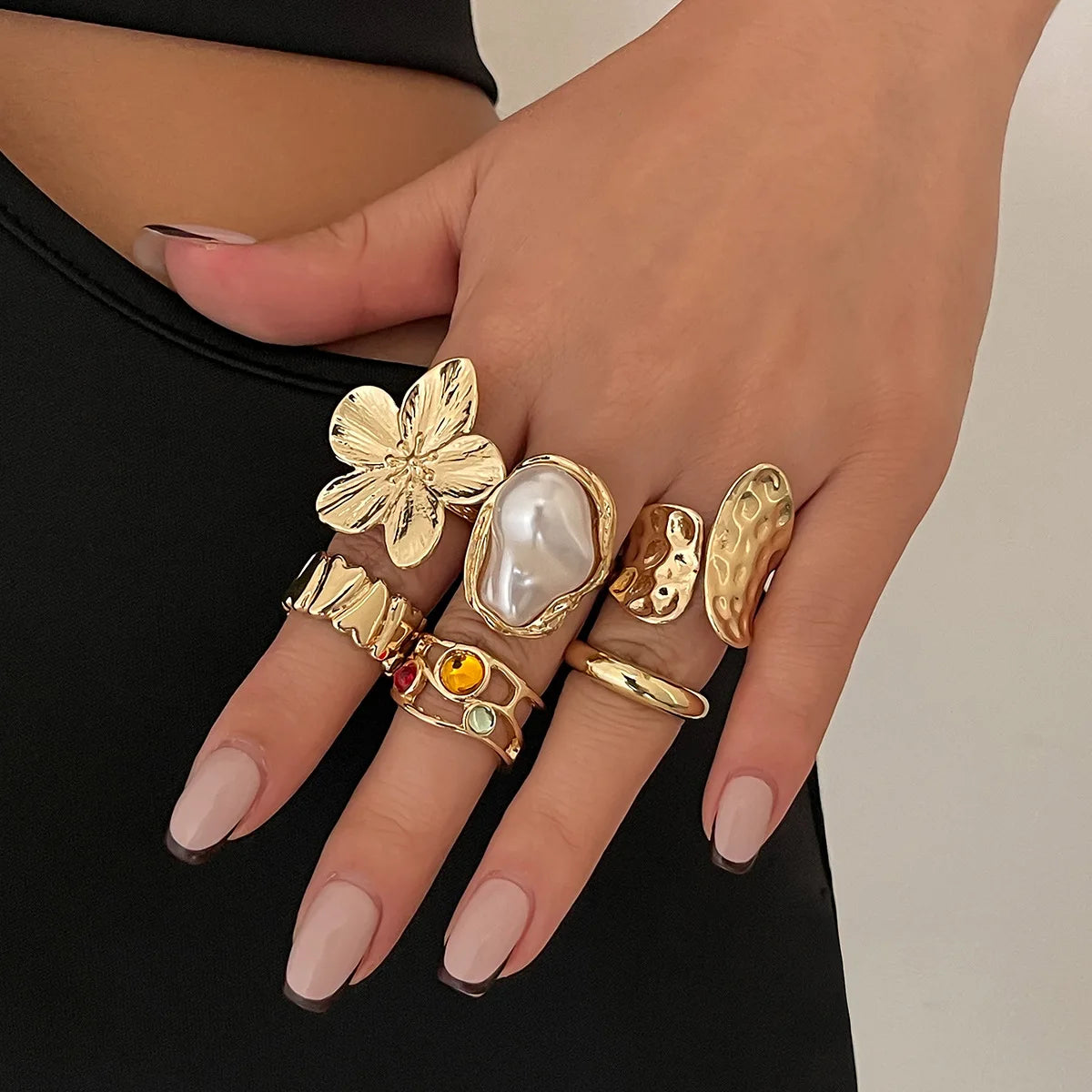 EPSINIA™ “Lava Bloom” Set — 6-Piece Baroque Pearl & Liquid Metal Ring Collection · Unique Open Design Jewelry for Women