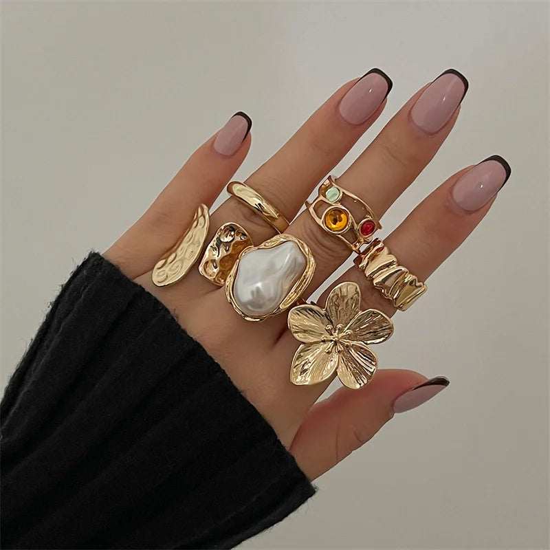 EPSINIA™ “Nova Set” — 12-Piece Gold Irregular Geometric Open Rings Set · Adjustable Metal Knuckle Jewelry for Women & Men