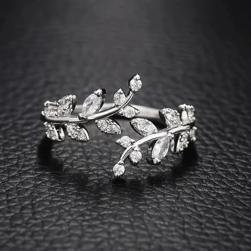EPSINIA™ “Olive Grace” Ring — 925 Sterling Silver Adjustable Olive Branch Ring with Zircon · Korean Romantic Open Design