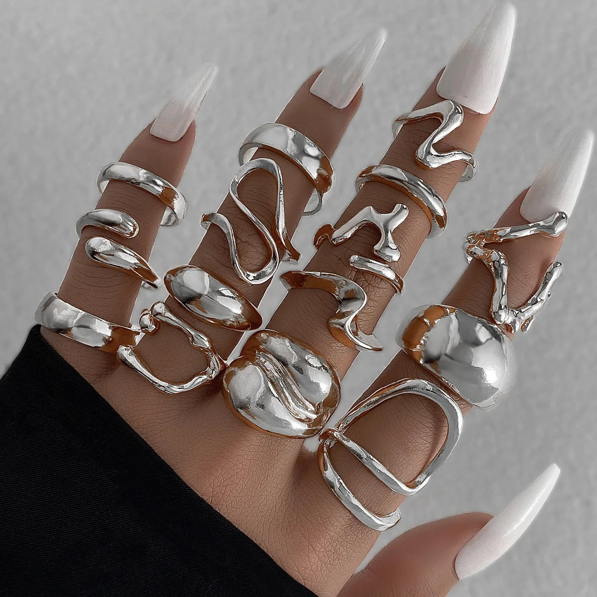 EPSINIA™ “Aqua Lines” Set — 15-Piece Irregular Metal Rings · Smooth Water Droplet Design · Unisex Retro Boho Jewelry Collection