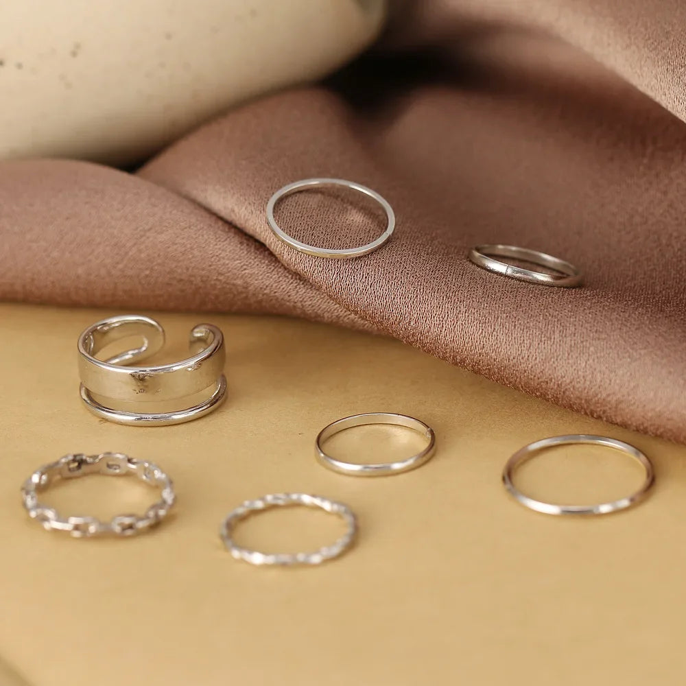 EPSINIA™ “Wave Leaf” Set — 11-Piece Geometric Hollow Ring Collection · Minimalist Gold Knuckle & Band Rings for Women and Men