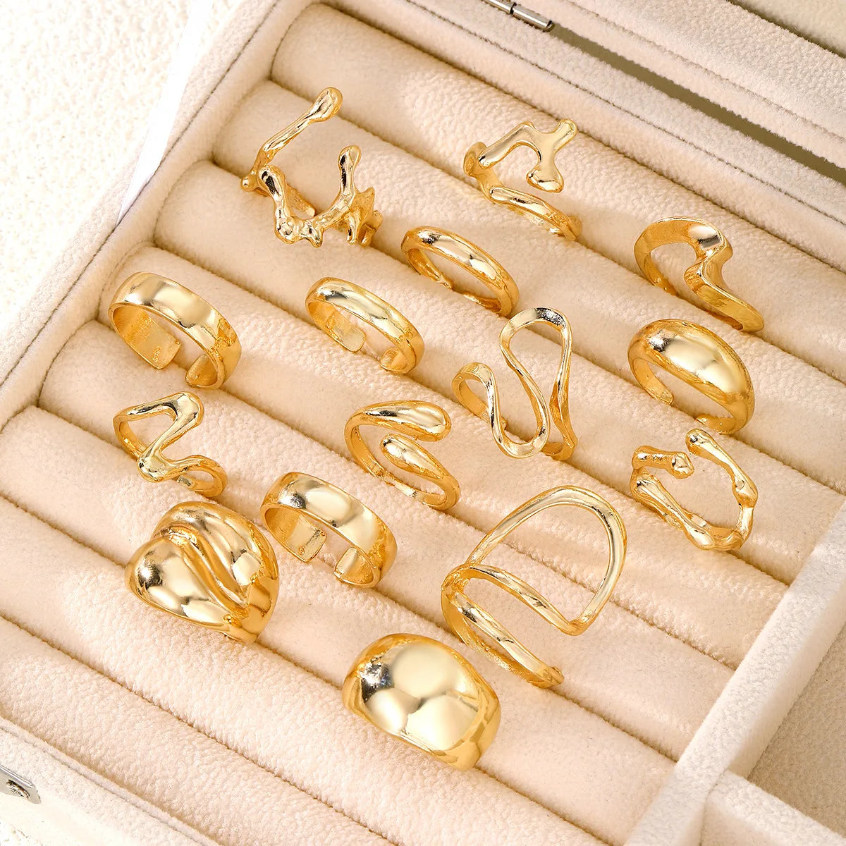 EPSINIA™ “Aqua Lines” Set — 15-Piece Irregular Metal Rings · Smooth Water Droplet Design · Unisex Retro Boho Jewelry Collection