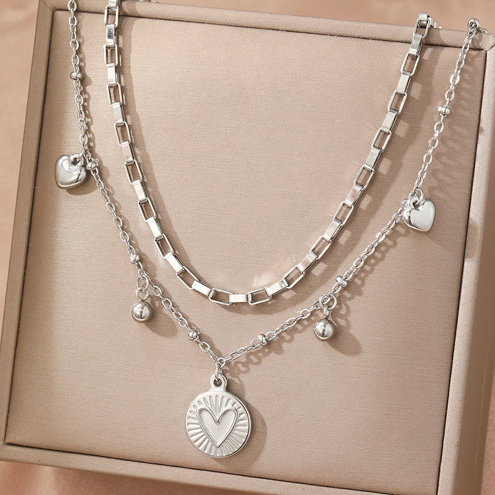 EPSINIA “Double Heart” Necklace — Light Luxury Stainless Steel Layered Chain for Women