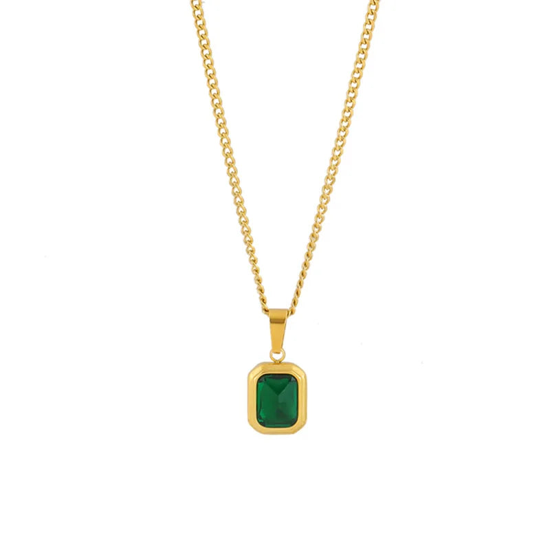 EPSINIA “Emerald Square” Necklace — 18K Gold-Plated 316L Stainless Steel Pendant with Green Zirconia