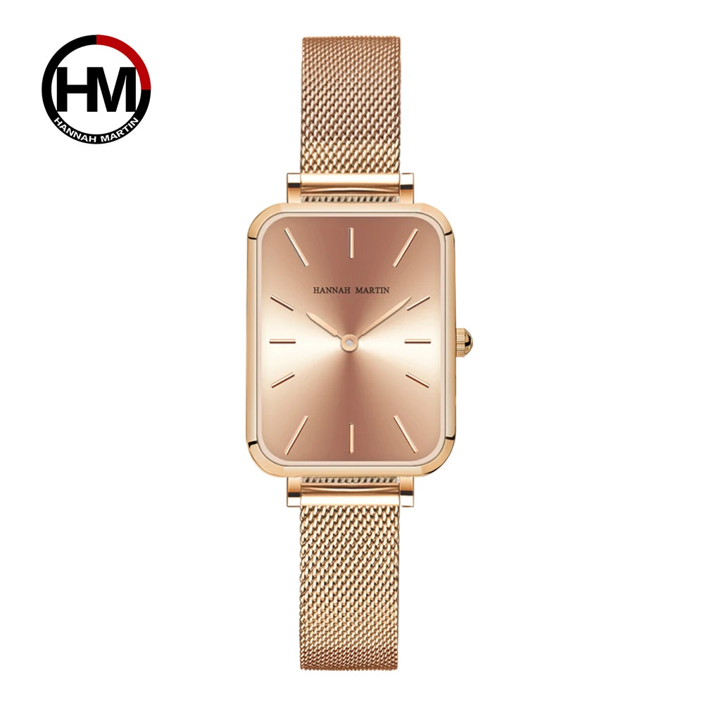 Square Women Stainless Steel Mesh Strap Watch Fashion Japanese Movement Rose Gold Simple Leisure Fashion Hannah Martin Watches