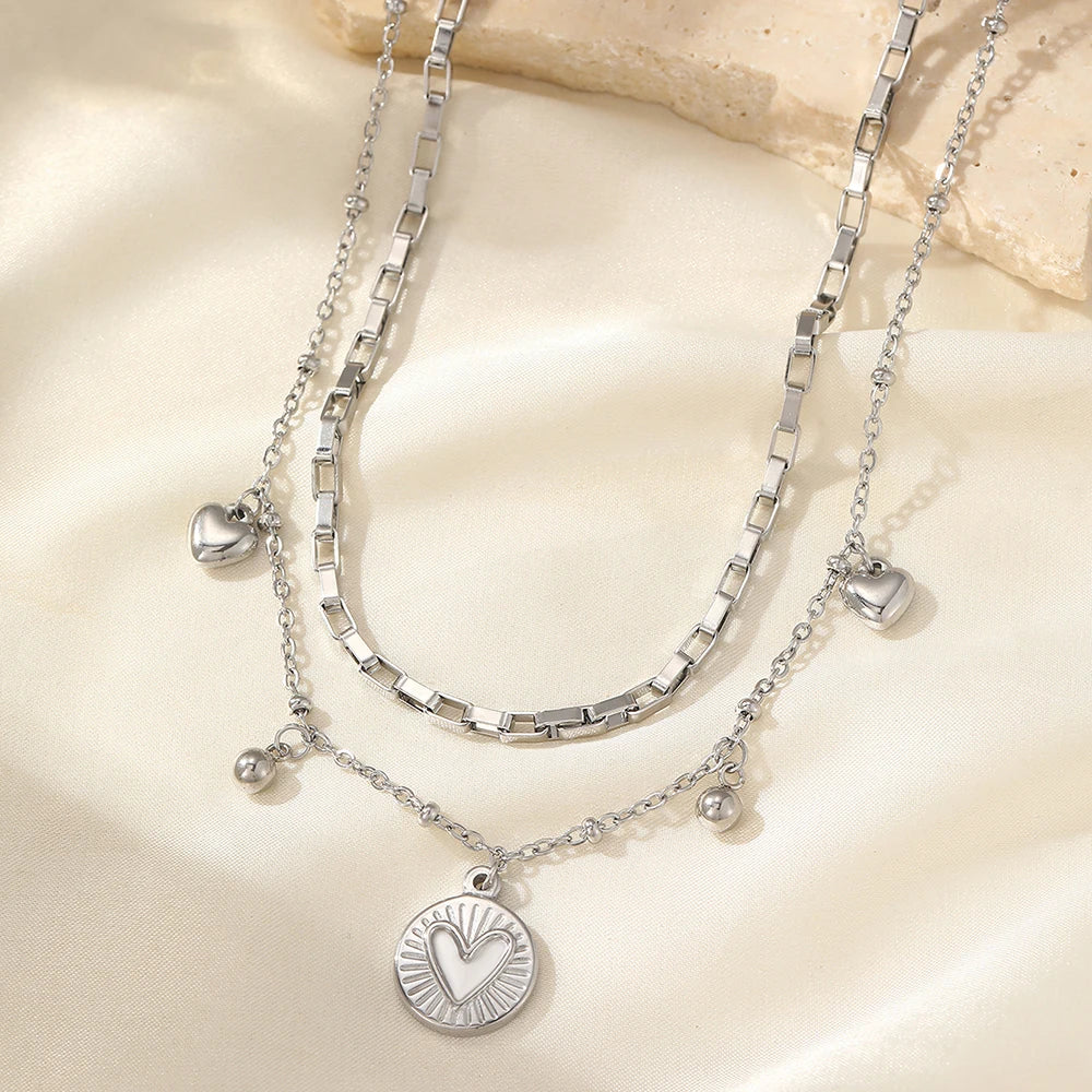 EPSINIA “Double Heart” Necklace — Light Luxury Stainless Steel Layered Chain for Women