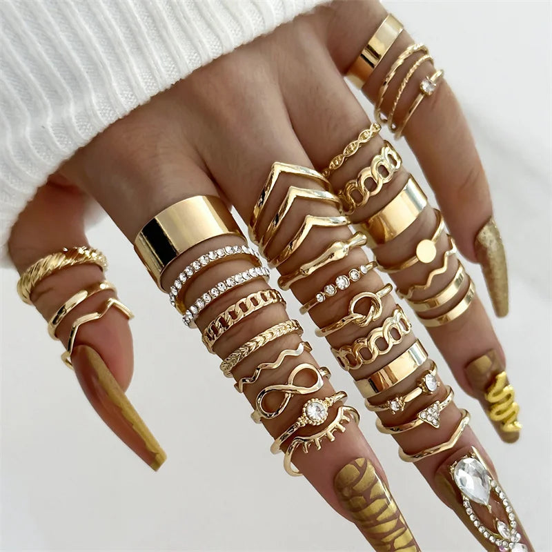 EPSINIA™ “Nova Set” — 12-Piece Gold Irregular Geometric Open Rings Set · Adjustable Metal Knuckle Jewelry for Women & Men