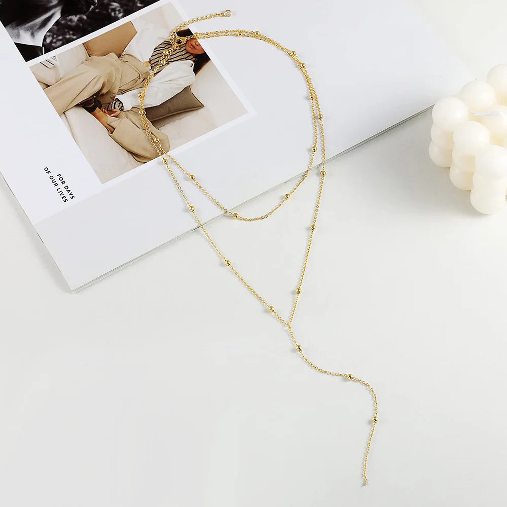 EPSINIA “Celestia” Necklace — 14K Gold-Plated Y-Shaped Layered Chain with CZ Beads