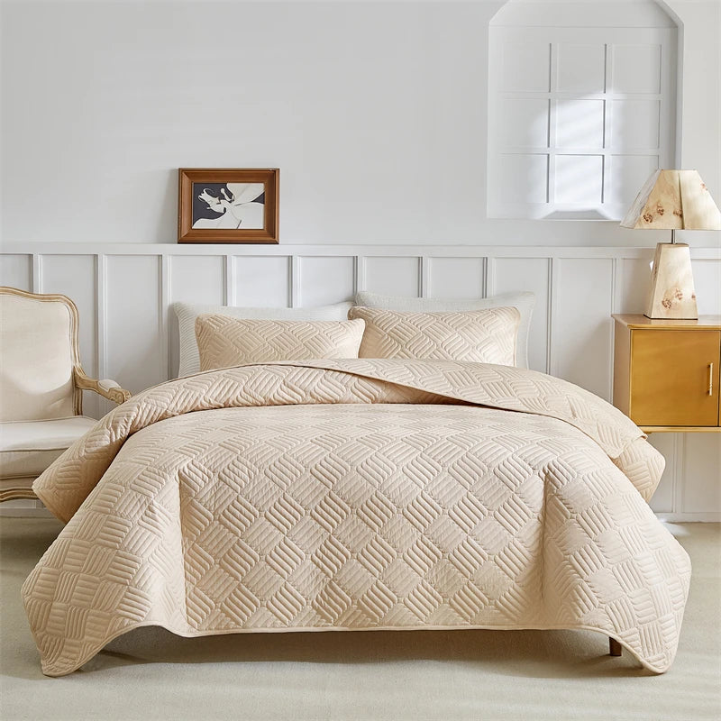 Quilted Bedspread Set Grey Beige Geometric Grid Pattern - Ma boutique