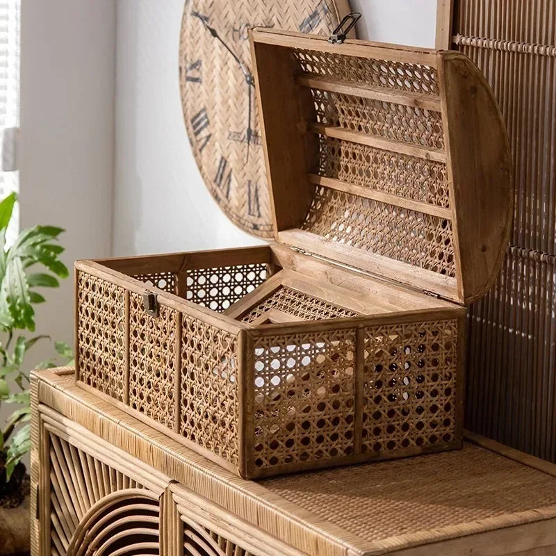 Rattan Style Storage Basket with Lid Makeup Organizer - Ma boutique