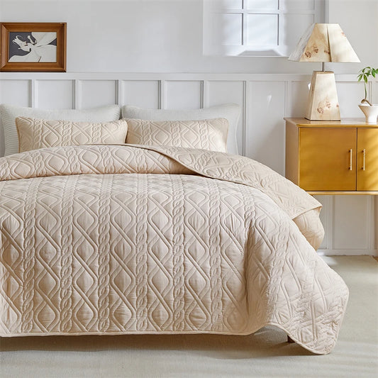 Quilted Bedspread Set Grey Beige Geometric Grid Pattern
