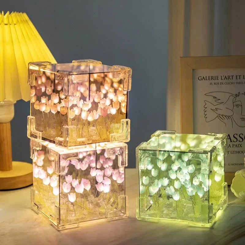 Creative DIY Tulip Cube Lamp Simulation Flower Bedroom Sleeping Table Lamp Handmade Craft Night Light Birthday Gift table decor - Ma boutique