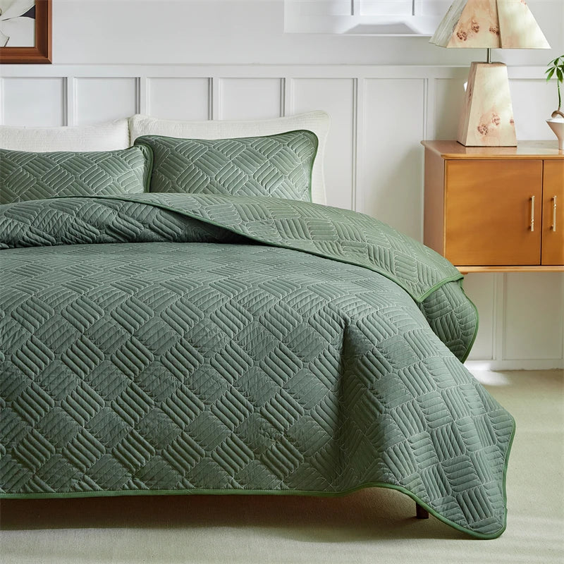 Quilted Bedspread Set Grey Beige Geometric Grid Pattern - Ma boutique