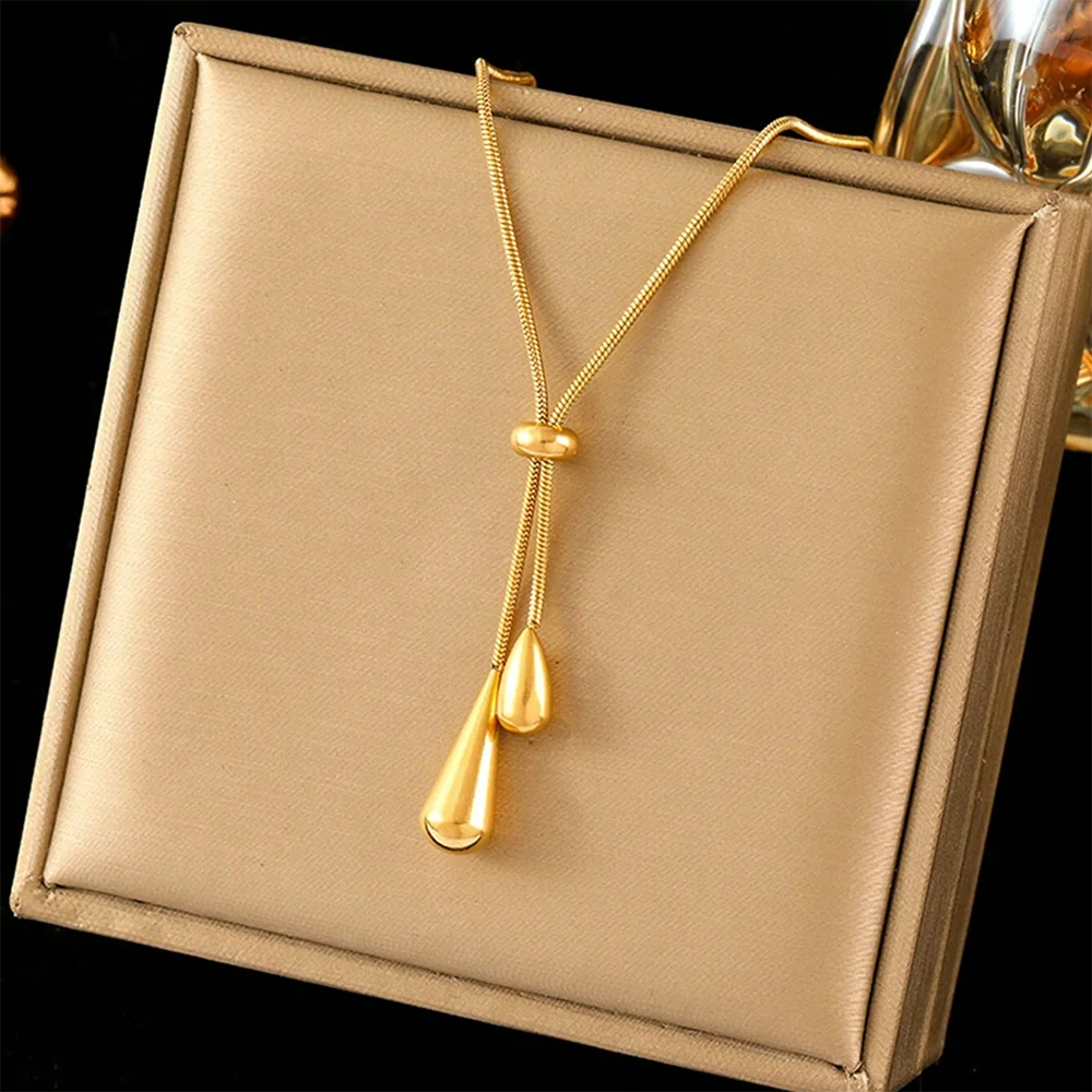 EPSINIA “Cascade” Necklace — Adjustable Stainless Steel Tassel with Water Drop Charm