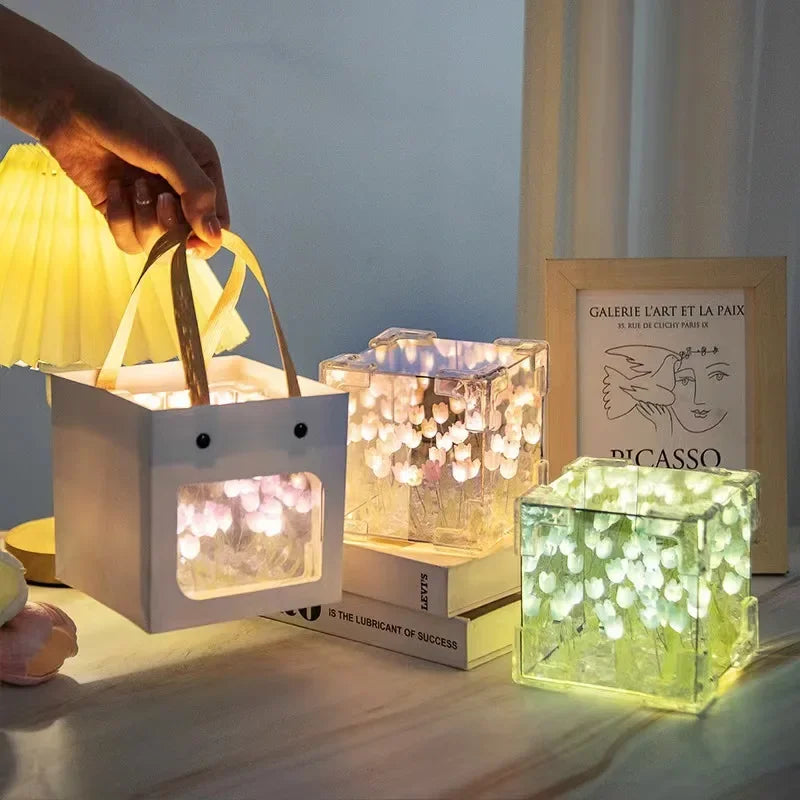 Creative DIY Tulip Cube Lamp Simulation Flower Bedroom Sleeping Table Lamp Handmade Craft Night Light Birthday Gift table decor - Ma boutique
