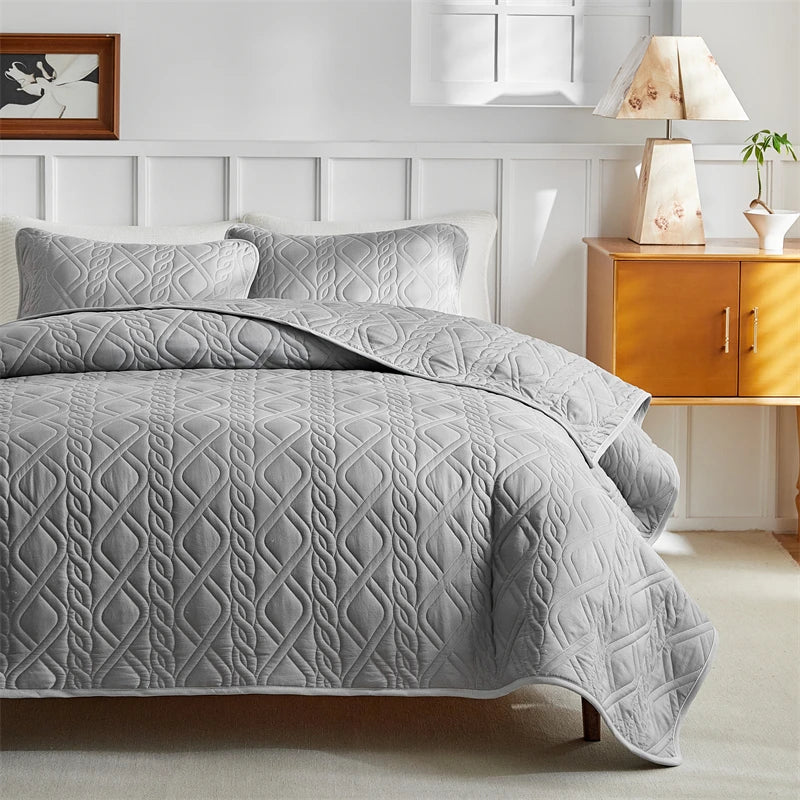 Quilted Bedspread Set Grey Beige Geometric Grid Pattern - Ma boutique