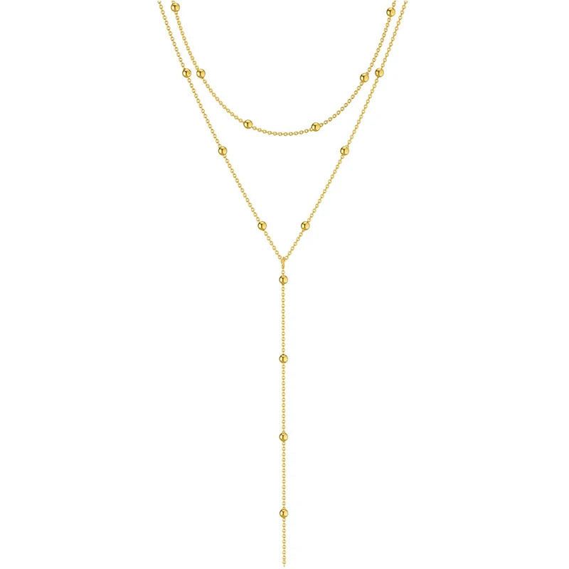 EPSINIA “Celestia” Necklace — 14K Gold-Plated Y-Shaped Layered Chain with CZ Beads