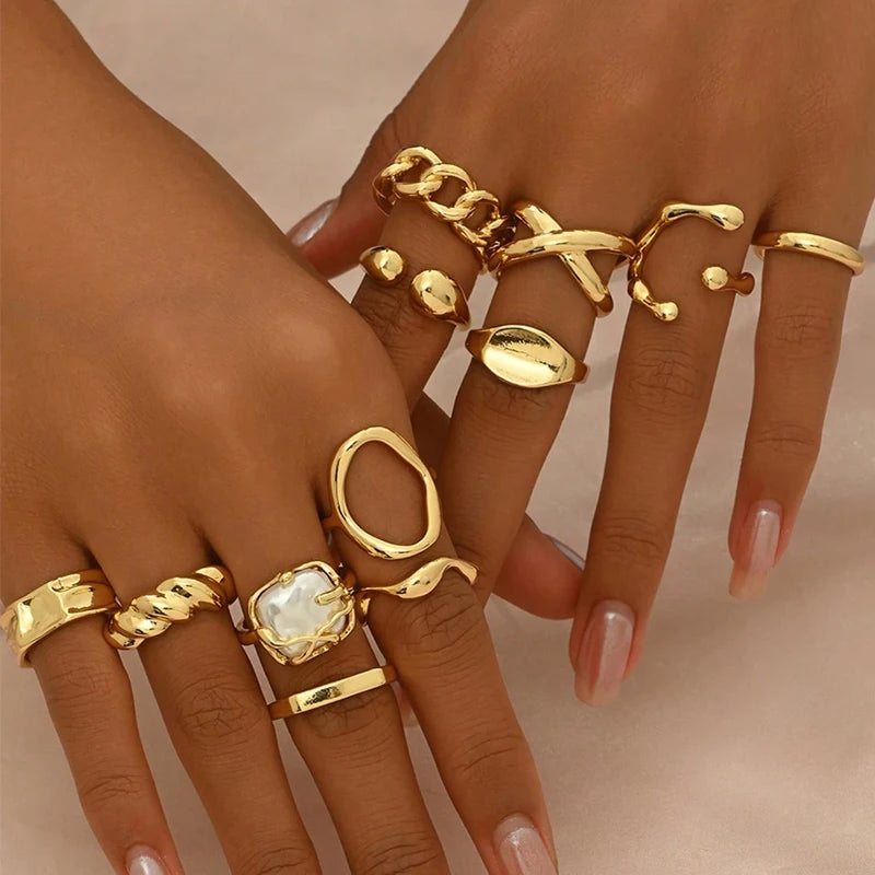 EPSINIA™ “Nova Set” — 12-Piece Gold Irregular Geometric Open Rings Set · Adjustable Metal Knuckle Jewelry for Women & Men