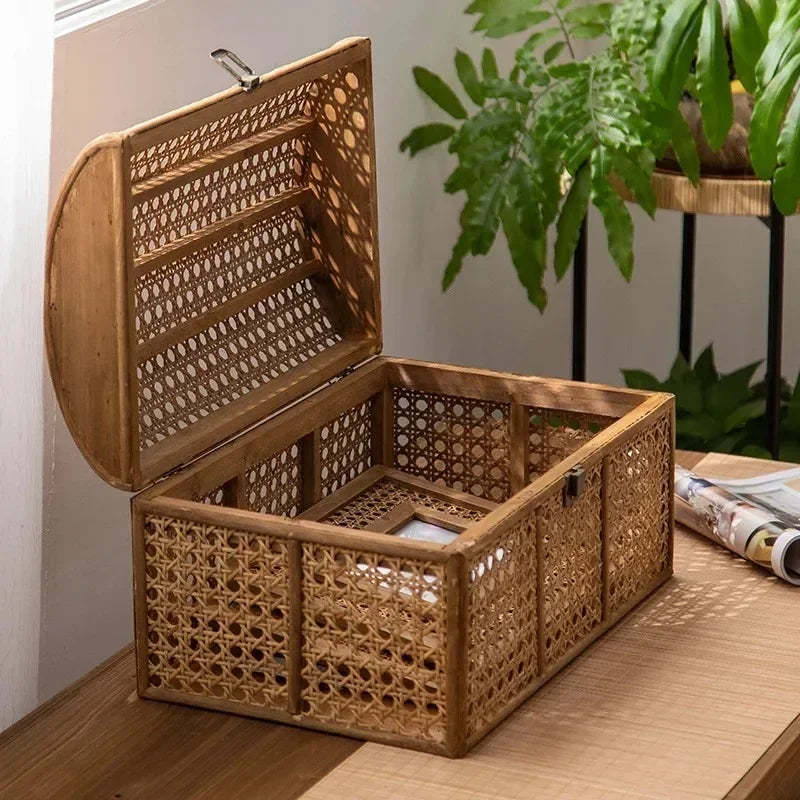 Rattan Style Storage Basket with Lid Makeup Organizer - Ma boutique