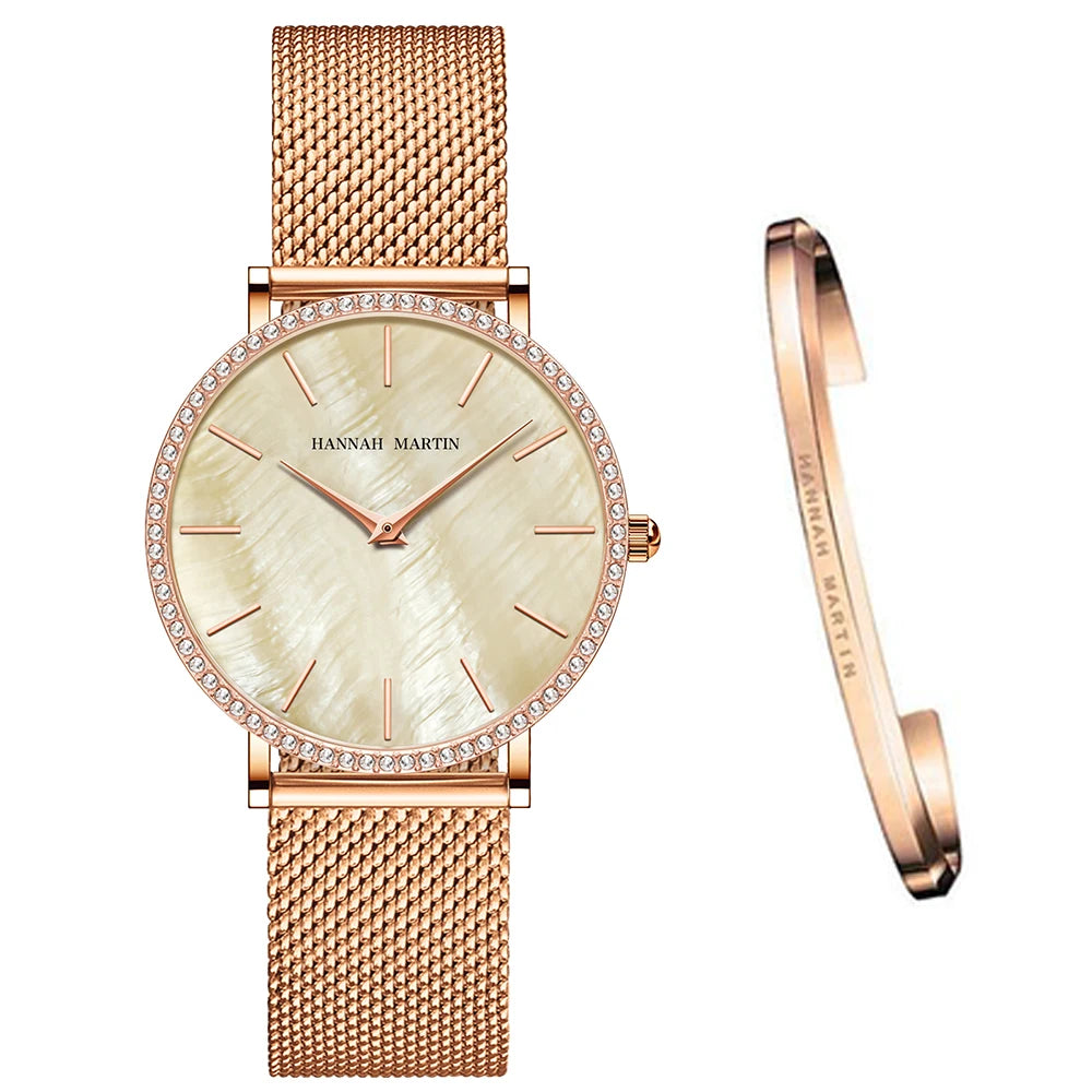 Luxury Women Watch Japanese Quartz Movement Shell Dial Rhinestone Stainless Steel Fashion Gift Box Waterproof Ladies Wristwatch