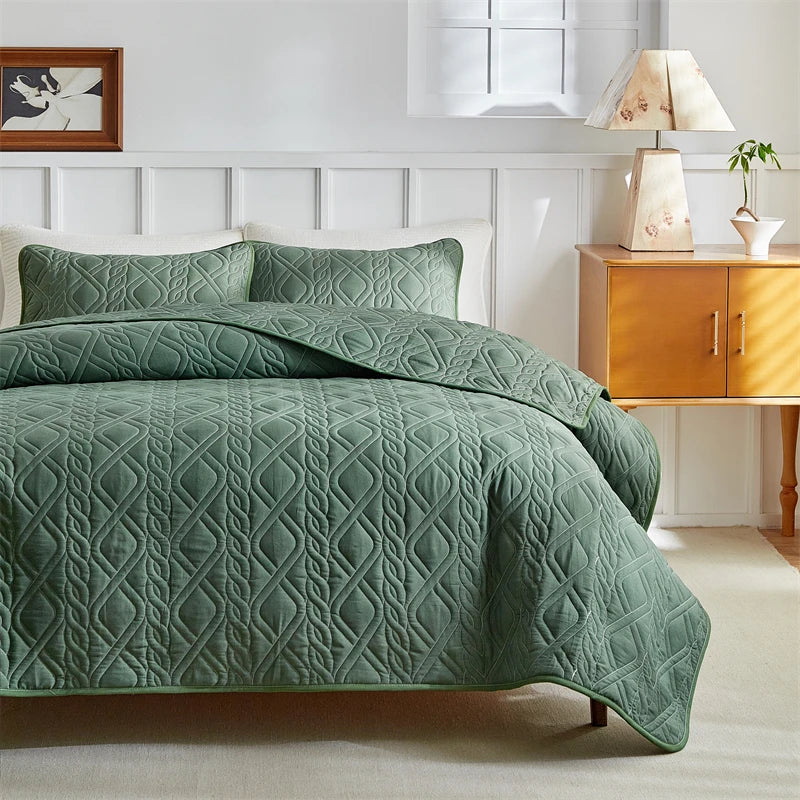 Quilted Bedspread Set Grey Beige Geometric Grid Pattern - Ma boutique