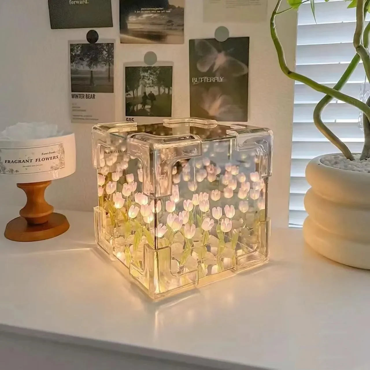 Creative DIY Tulip Cube Lamp Simulation Flower Bedroom Sleeping Table Lamp Handmade Craft Night Light Birthday Gift table decor - Ma boutique