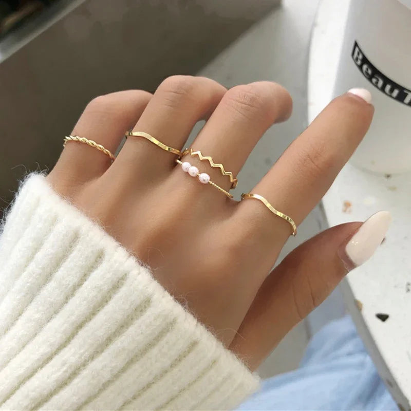 EPSINIA™ “Wave Leaf” Set — 11-Piece Geometric Hollow Ring Collection · Minimalist Gold Knuckle & Band Rings for Women and Men