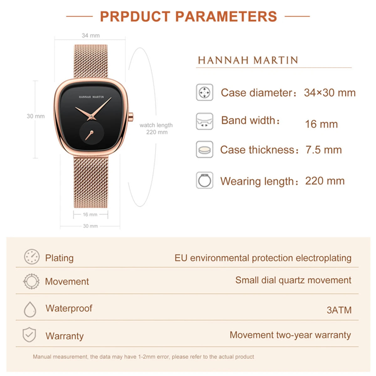 HANNAH MARTIN Brand Original Luxury Women Watch Rose Gold Fashion Stainless Steel Quartz Movement Waterproof Women Dress Watches