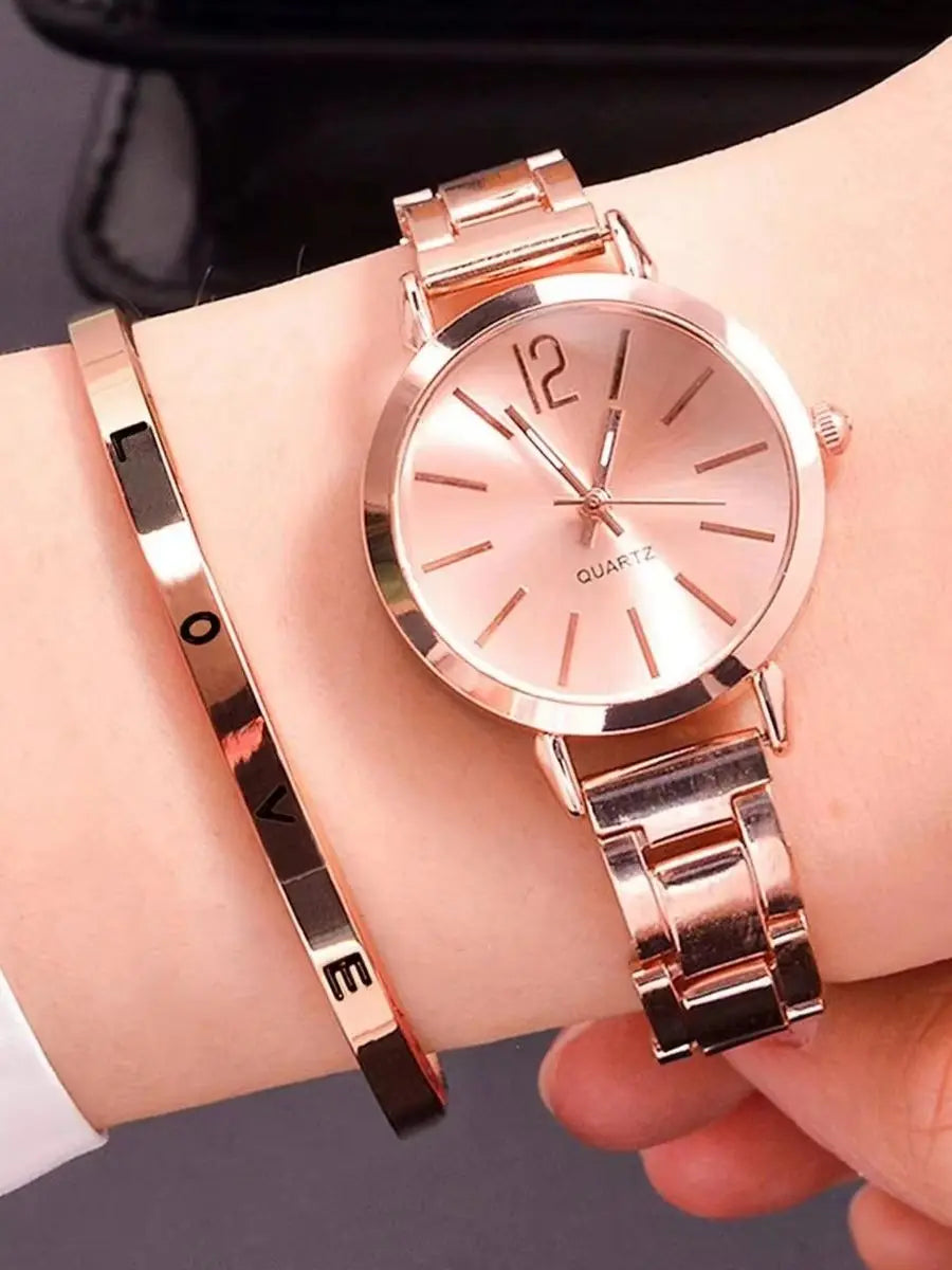 2pcs Set Watch Luxury Women Simple Dial Hollow Strap Fashion Gold Bracelet Quartz Wristwatch Student Ladies Watches Reloj Mujer