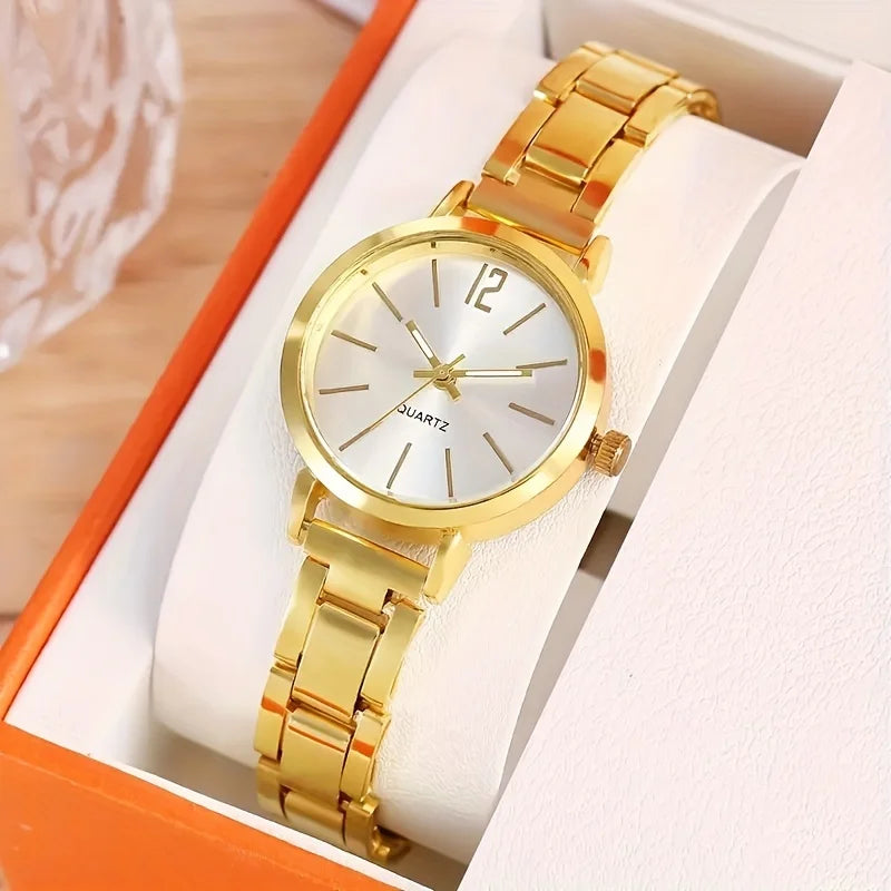 2pcs Set Watch Luxury Women Simple Dial Hollow Strap Fashion Gold Bracelet Quartz Wristwatch Student Ladies Watches Reloj Mujer