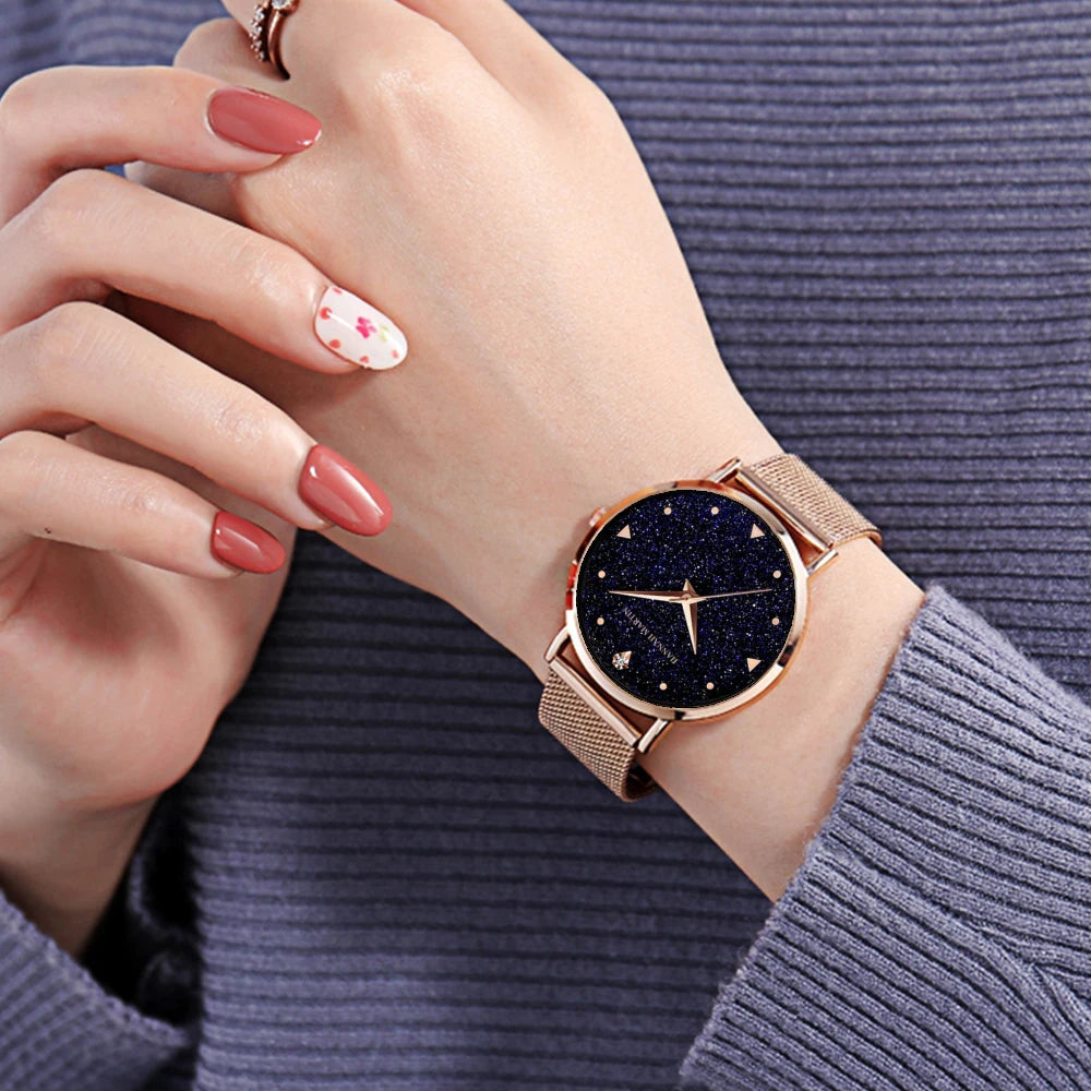 Women Luxury Watch 36mm Fashionable Frosted Dial Japanese Movement Rhinestone Rose Gold Stainless Steel Mesh Women Dress Watches
