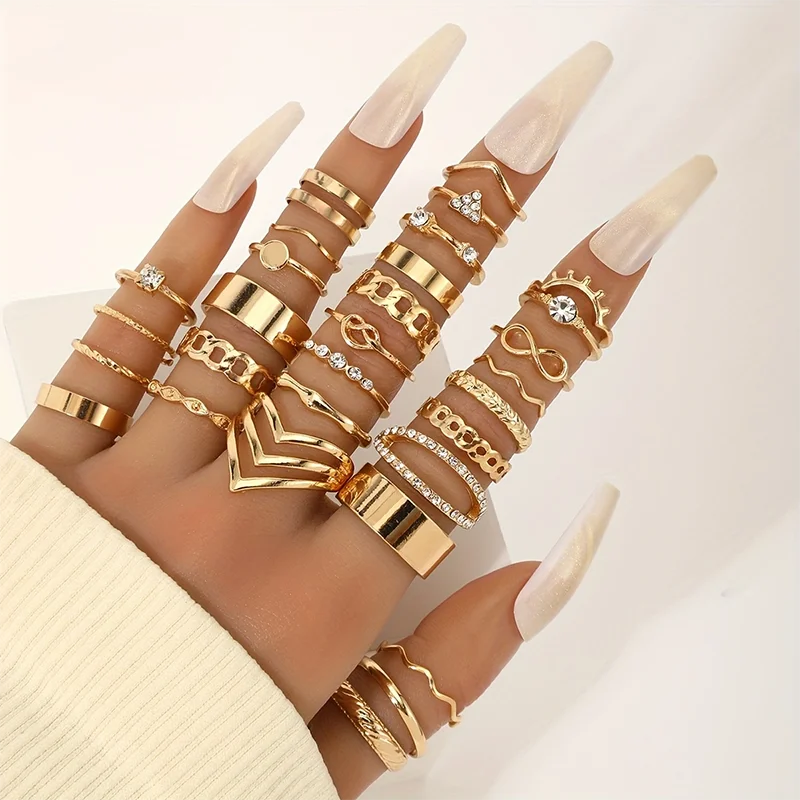 EPSINIA™ “Boho Charm” Set — 30-Piece Retro Metal Rings with Rhinestones, Lucky Eyes & Geometric Designs · Women’s Classic Bohemian Jewelry Collection