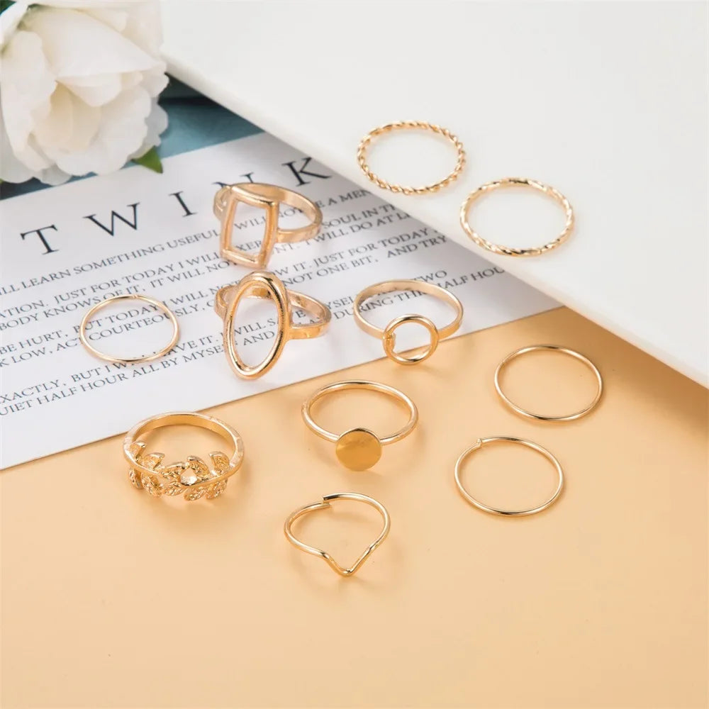 EPSINIA™ “Wave Leaf” Set — 11-Piece Geometric Hollow Ring Collection · Minimalist Gold Knuckle & Band Rings for Women and Men