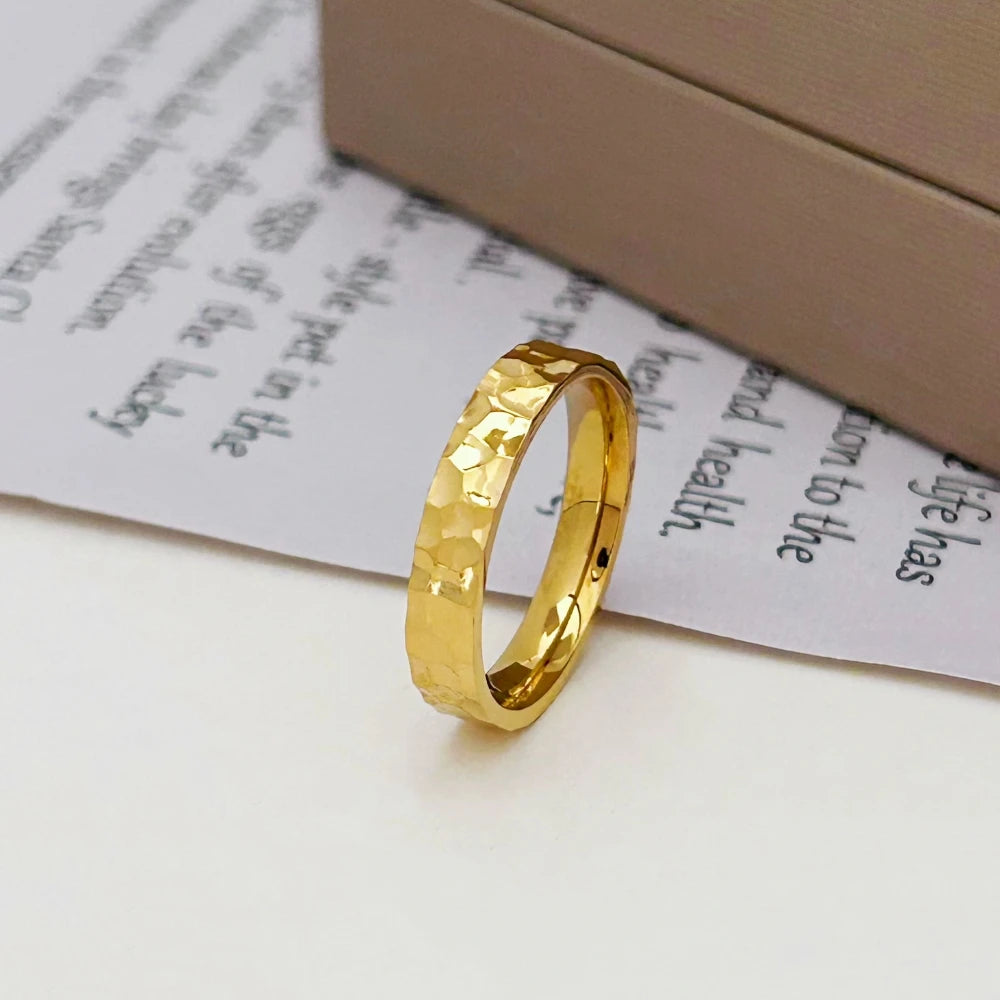 EPSINIA™ “Hammer Band” Ring — 4mm Gold Stainless Steel Textured Ring · Unisex Waterproof Engagement Jewelry Gift