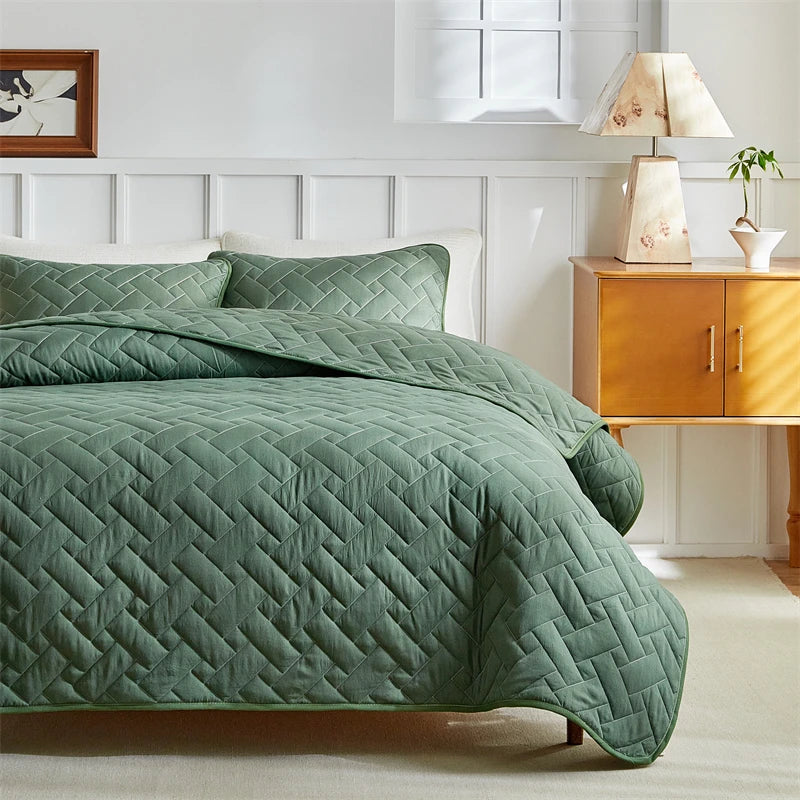 Quilted Bedspread Set Grey Beige Geometric Grid Pattern - Ma boutique