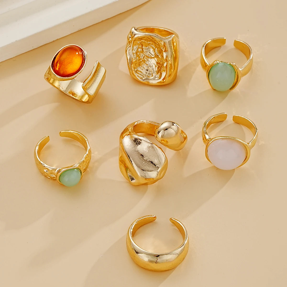 EPSINIA™ “Aurora” Set — 7-Piece Retro Irregular Gemstone Rings · Geometric Gold Opening Rings (2025 Edition),